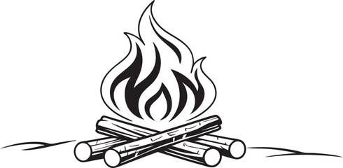 Campfire Flames with Burning Logs,Minimalist Line Art,Camp fire silhouette and vector,Simple icon of a campfire with burning logs,wood burning or fire,campfire icon,bonfire flat vector icon,flames,Ai
