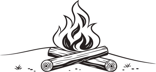 Campfire Flames with Burning Logs,Minimalist Line Art,Camp fire silhouette and vector,Simple icon of a campfire with burning logs,wood burning or fire,campfire icon,bonfire flat vector icon,flames,Ai