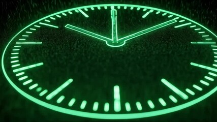 A neon green clock glows against a dark digital background, symbolizing time, technology, and the future - Powered by Adobe