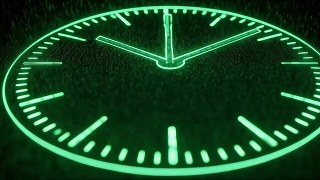 A neon green clock glows against a dark digital background, symbolizing time, technology, and the future