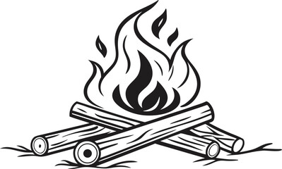 Campfire Flames with Burning Logs,Minimalist Line Art,Camp fire silhouette and vector,Simple icon of a campfire with burning logs,wood burning or fire,campfire icon,bonfire flat vector icon,flames,Ai