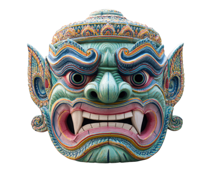 Thai giant mask traditional colorful ornate cultural isolated transparency background fierce expression festival mythology