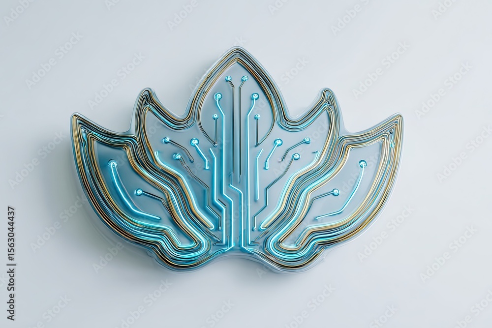 Poster futuristic technology leaf design with glowing circuit patterns on a clean background