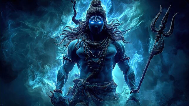 Hyper-realistic full-body illustration of Lord Shiva with glowing blue eyes, trident, muscular form, surrounded by blue fire aura and dark smoke, symbolizing divine power and cosmic energy