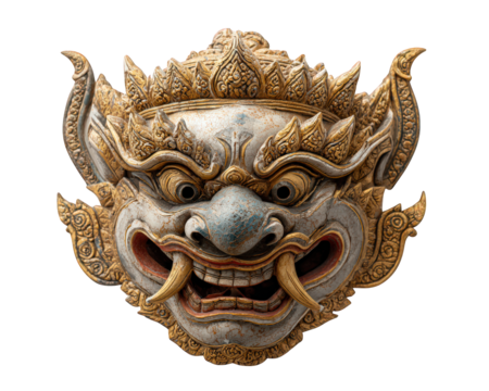 Thai giant mask traditional gold ornate cultural isolated transparency background decorative mythological fierce Thai giant mask with gold ornate details traditional cultural art fierce expression