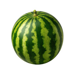 A fresh and ripe whole watermelon with green stripes isolated on transparent background