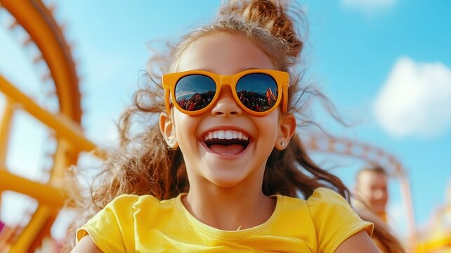 Girl with sunglasses laughing on a rollercoaster, having fun at amusement park during summer holidays