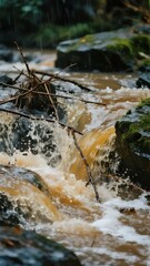 Obraz premium Rushing Stream in Rainy Forest Environment