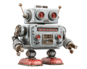 Retro robot toy metallic body red accents isolated on transparency background vintage style mechanical details playful expression nostalgic collectible technology
