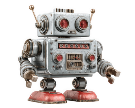 Retro robot toy metallic body red accents isolated on transparency background vintage style mechanical details playful expression nostalgic collectible technology