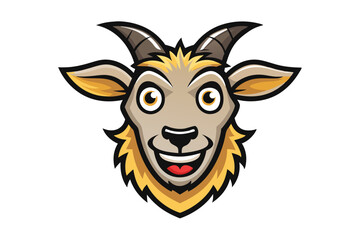 Cartoonish goat head features large eyes and horns with a friendly smiling expression