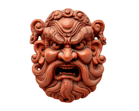 Terracotta giant mask fierce expression curly hair detailed beard traditional Asian art isolated on transparency background cultural sculpture dramatic face mythological figure