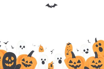 Fototapeta premium Whimsical halloween scene with pumpkins ghosts and bats isolated on white background