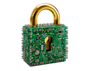 Padlock circuit board security technology green gold electronic digital cyber protection. digital padlock made of green circuit board and gold shackle symbolizes cyber security and modern