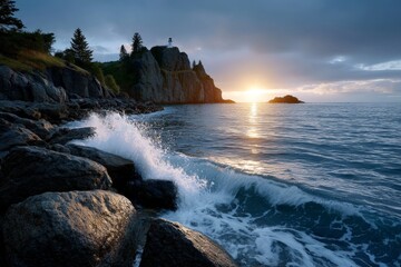Fototapeta premium Dramatic Sunset Over Crashing Waves Against Jagged Rocky Coastline