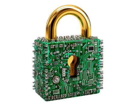 Padlock circuit board security technology green gold electronic digital cyber protection. digital padlock made of green circuit board and gold shackle symbolizes cyber security and modern
