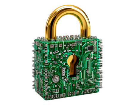 Padlock circuit board security technology green gold electronic digital cyber protection. digital padlock made of green circuit board and gold shackle symbolizes cyber security and modern