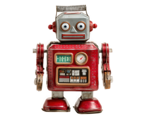 Vintage robot toy red metal body retro design isolated on transparency background mechanical details nostalgic playful collectible classic cheerful expression