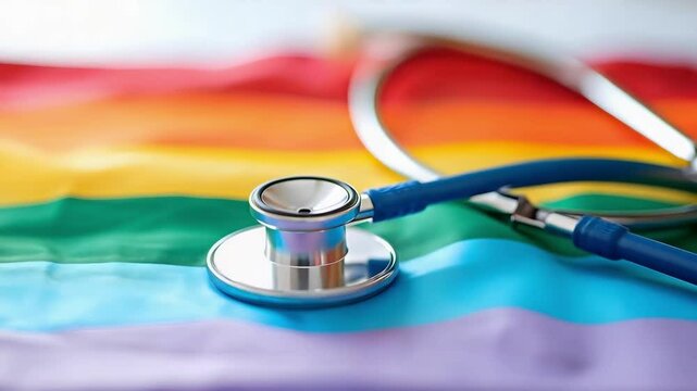 A stethoscope resting on a rainbow pride flag, symbolizing inclusivity in healthcare.