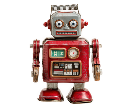 Vintage robot toy red metal body retro design isolated on transparency background mechanical details nostalgic playful collectible classic cheerful expression