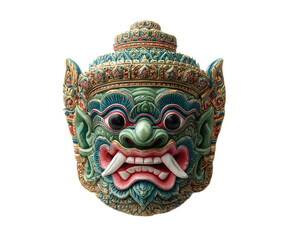 Thai giant mask traditional green face ornate detail cultural art isolated on white dramatic expression festival costume Asian mythology handcrafted ceremonial use
