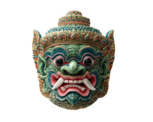 Thai giant mask traditional green face ornate detail cultural art isolated on white dramatic expression festival costume Asian mythology handcrafted ceremonial use