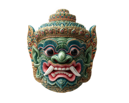 Thai giant mask traditional green face ornate detail cultural art isolated on white dramatic expression festival costume Asian mythology handcrafted ceremonial use