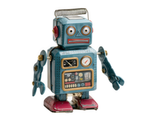 Vintage blue toy robot with red feet, metal body, and retro dials, isolated on transparency background, evokes nostalgia and playful curiosity with its classic design and expressive face