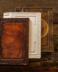 Leather book covers in working phase - detail 