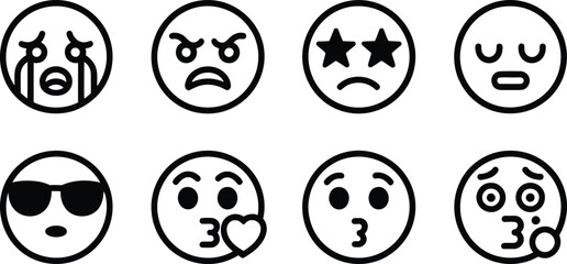 Obraz premium Emoji and Expression Icon Set Featuring Crying, Angry, Star Eyes, Kissing, Love, Cool, and Confused Faces in Line Style