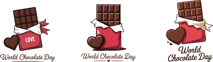World Chocolate Day Bar and Heart Illustration with Red Wrapper Design