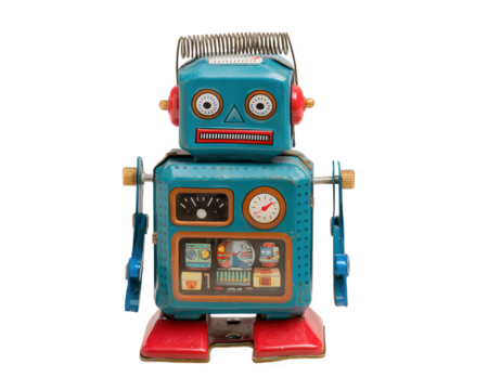 Vintage toy robot blue metal body red feet retro design isolated on transparency background nostalgic mechanical collectible cheerful expression classic style