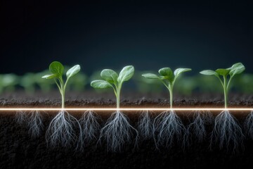 Young plants emerge from rich soil, showcasing vibrant green lea