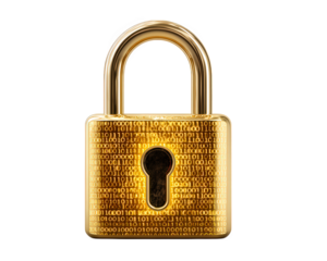 Golden padlock with binary code pattern, digital security concept, isolated on transparency background, symbolizing data protection, encryption, and privacy in modern, futuristic style