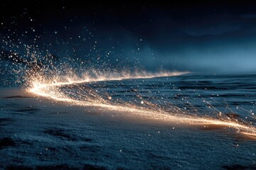 Luminous sparks dance along dark shoreline, creating magical atm