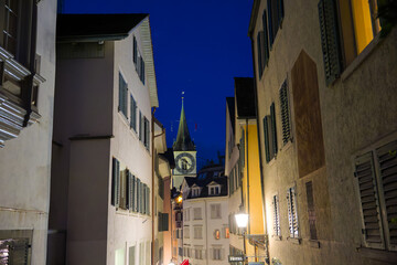 Scenic view of the medieval old town of Swiss city of Zürich on a dark summer night. Photo taken July 2nd, 2025, Zurich, Switzerland.