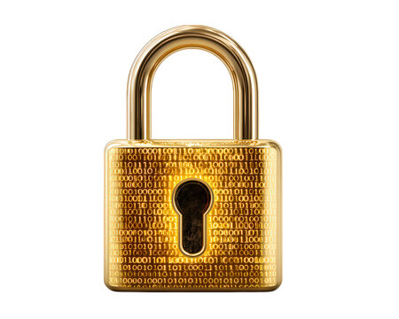 Golden padlock with binary code pattern, digital security concept, isolated on transparency background, symbolizing data protection, encryption, and privacy in modern, futuristic style