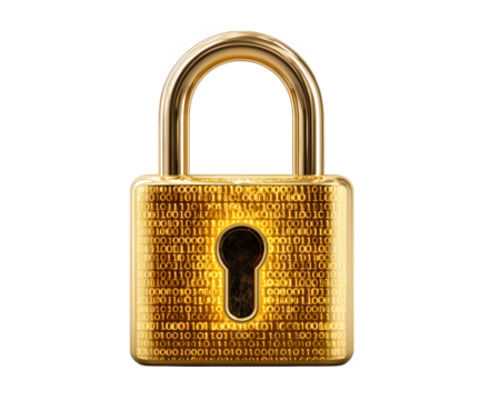 Golden padlock with binary code pattern, digital security concept, isolated on transparency background, symbolizing data protection, encryption, and privacy in modern, futuristic style