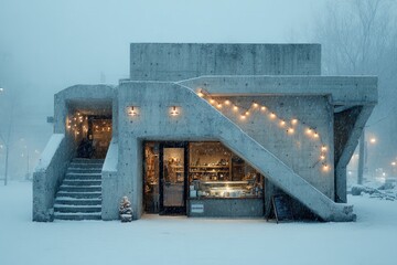 Cozy concrete cafe adorned with warm lights, surrounded by seren