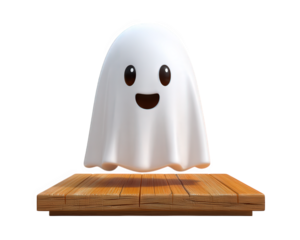 Cute cartoon ghost with happy expression floating above wooden platform, isolated on transparency background, playful and friendly Halloween character, 3D illustration, cheerful mood