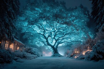 Majestic snow-covered tree illuminated by soft blue light in win