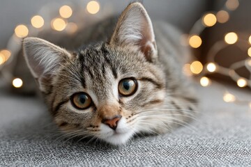 Cute cat resting on cozy surface with warm, glowing lights in ba