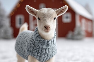Charming goat in cozy sweater amidst snowy landscape and rustic