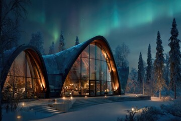 Stunning winter landscape featuring cozy cabin under vibrant aur