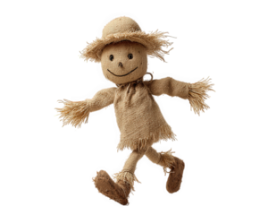 Cheerful scarecrow doll with straw hat, burlap clothing, stitched smile, and playful pose isolated on transparency background, evokes whimsical and rustic autumn feeling