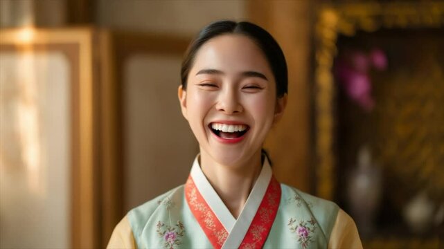 Korean woman, wearing a pastel hanbok with subtle floral patterns
