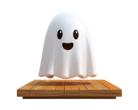 Cute cartoon ghost with happy expression floating above wooden platform, isolated on transparency background, playful and friendly Halloween character, 3D illustration, cheerful mood