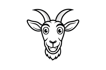 A stylized black and white goat face smiles with prominent horns and ears