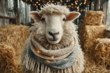 Fluffy sheep adorned with festive lights and cozy scarf, surroun