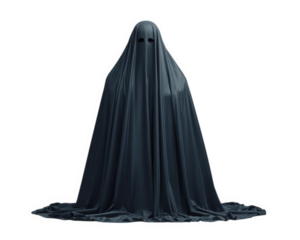 Ghost spooky photo object isolated transparency background fabric creepy mysterious ghostly figure draped dark fabric stands isolated transparency background creating spooky and mysterious atmosphere